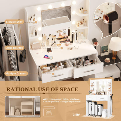 Furmax Make up Vanity Desk with Mirror and Power Outlet, Vanity with 3 Color Light Options Adjustable Brightness,Vanity Desk with 2 Drawers, 6 Storage Shelves (White, with Bench) - WoodArtSupply