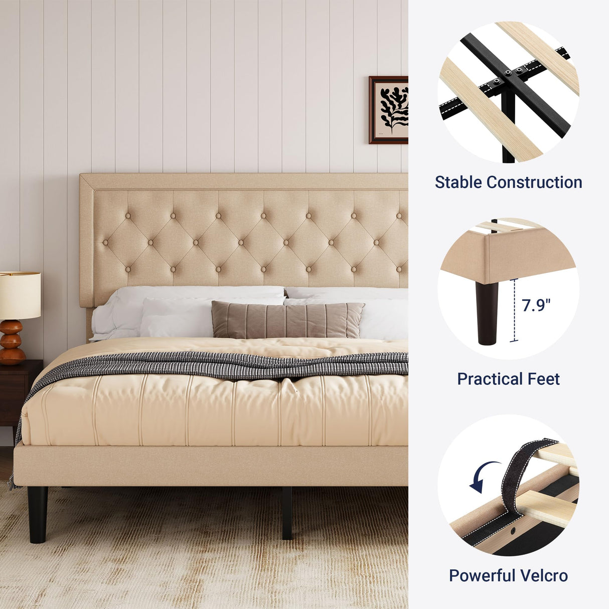 Allewie King Size Fabric Upholstered Bed Frame with Diamond Button Tufted/Adjustable Headboard/Wood Slat Support/Mattress Foundation/Beige Allewie