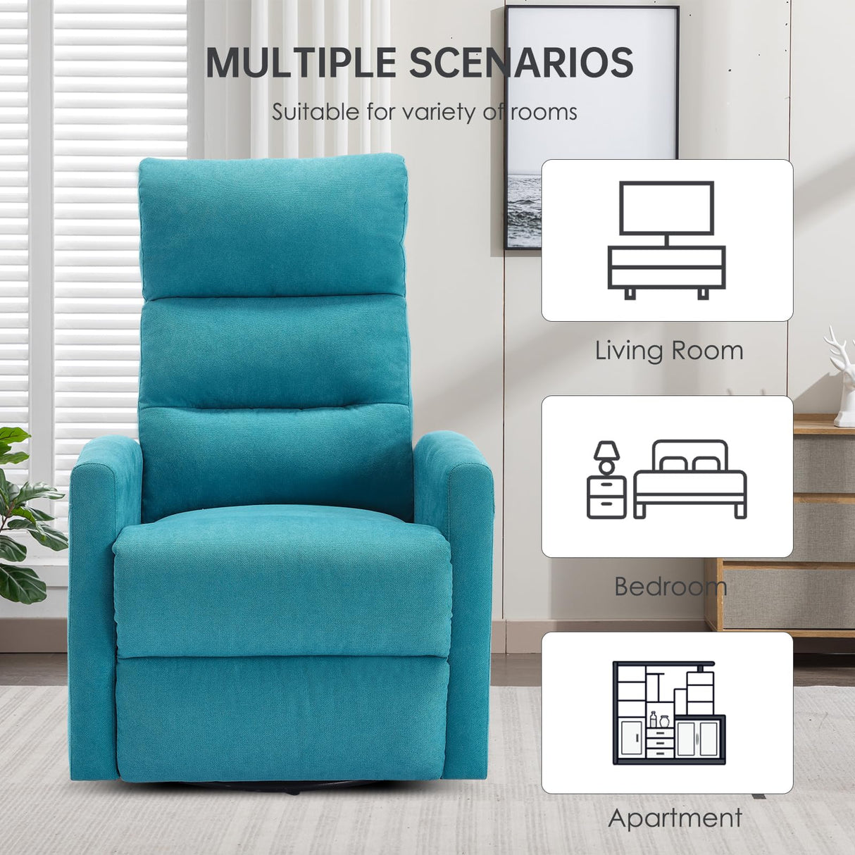 EZZUP 360° Swivel Recliner Chairs for Small Spaces, A Recliner with Side Pockets, Small Rocker Recliner for Living Room, Bedroom, Sky Blue Recliner Chair for Adults EZZUP