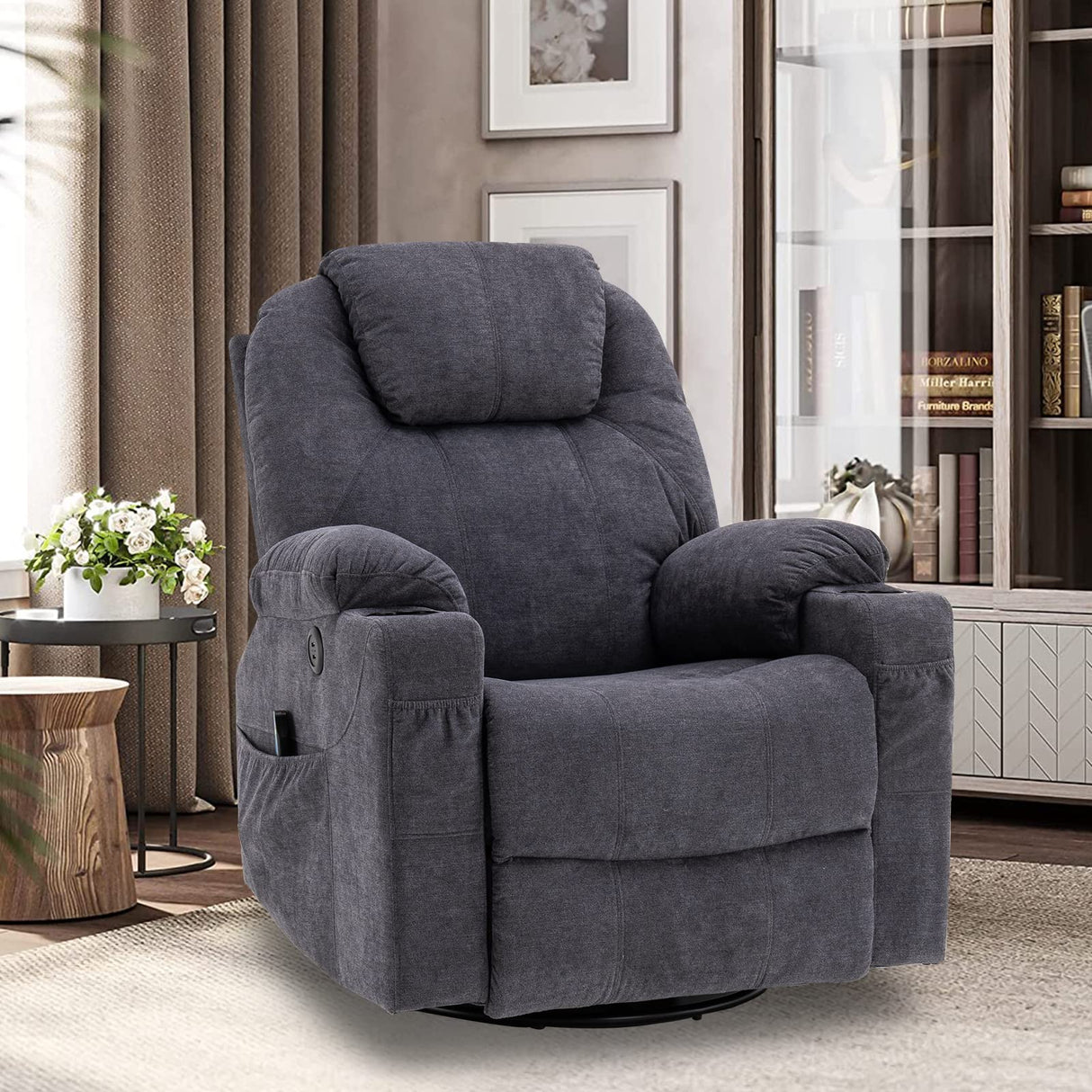 VIVIJASON Manual Massage Rocker Recliner Chair, 360° Swivel Glider Lounge Chair with Heat Ergonomic Home Theater Recliner Sofa with 2 Cup Holders, Side Pockets & USB Ports for Living Room, Grey VIVIJASON