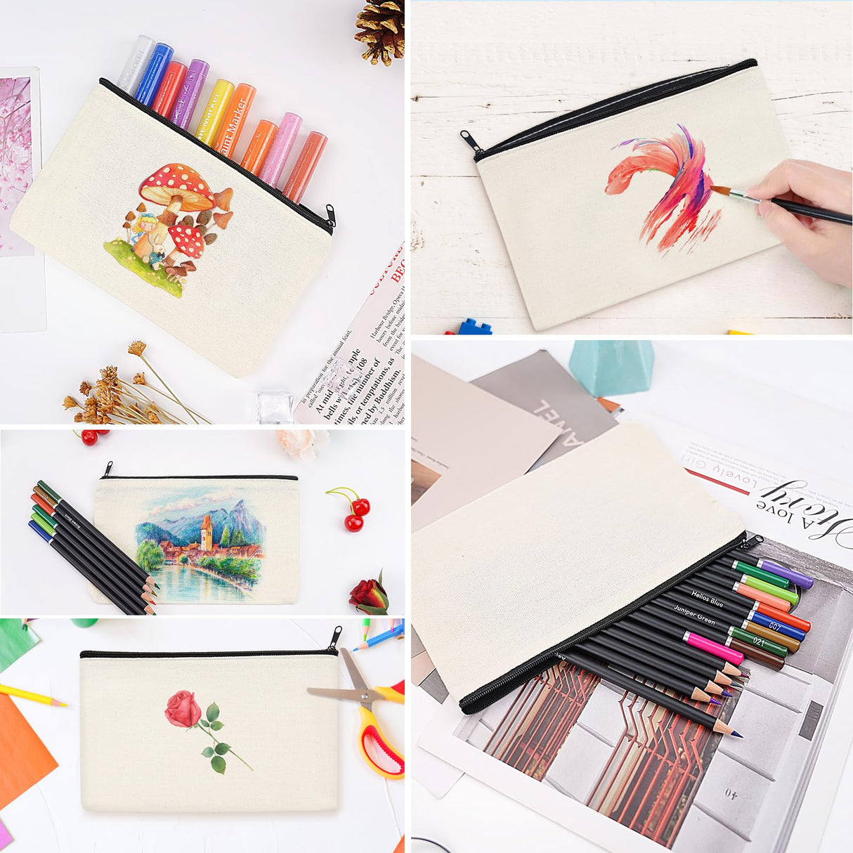 HTVRONT Blank Canvas Makeup Bags 10 Pack, Sublimation Blanks Cosmetic Bags, DIY Heat Transfer Canvas Pen Case Pencil Bags, Beige Multi-Purpose Travel Toiletry Zipper Bags (10pcs 8.3 × 5 Inch) HTVRONT