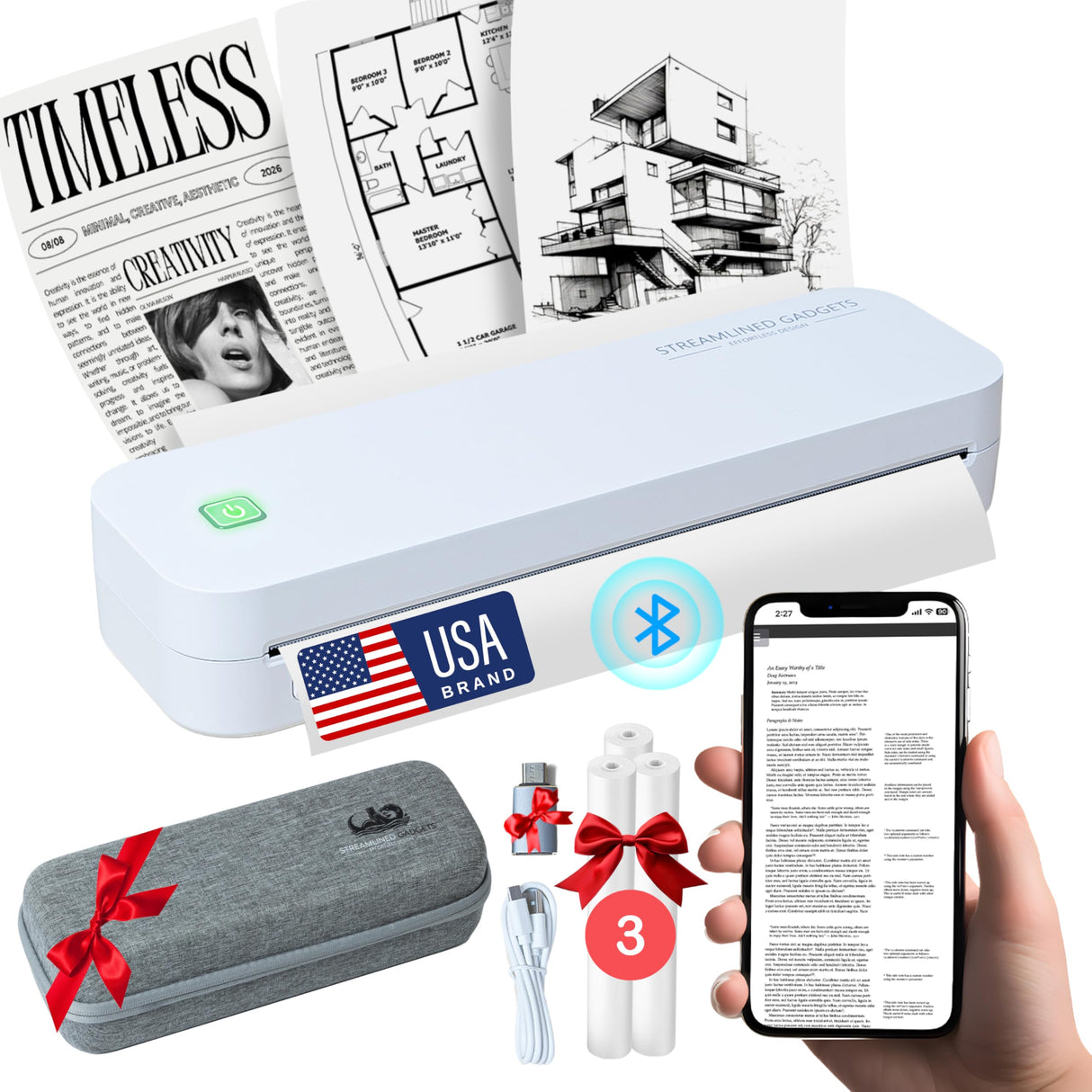 2025 Premium Portable Inkless Printer for Iphone, Android, Tablet, Laptop w/Bluetooth for home and school 8.5”x11” Thermal Printer-Wireless Mobile Printer w/FREE Shockproof Case, 3 rolls thermal paper STREAMLINED GADGETS