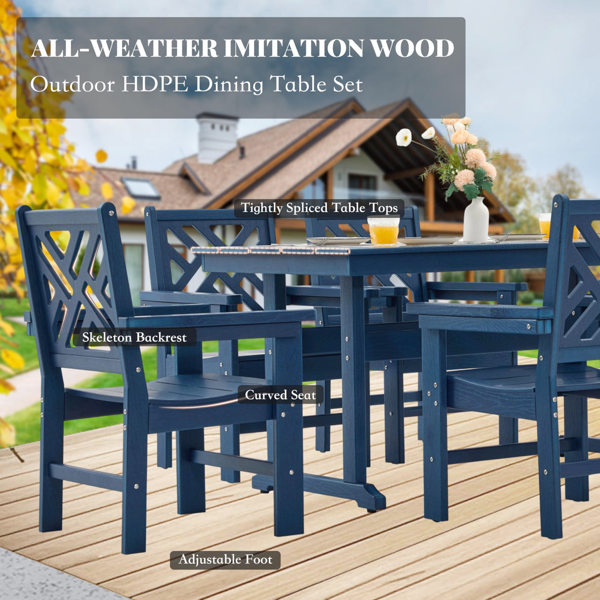 HDPE Outdoor Dining Set,10-Piece Outdoor Table and Chairs Include 8 Dining Chairs and 2 Pcs 62.5" Patio Dining Table with Umbrella Hole (Blue) AZXZCS