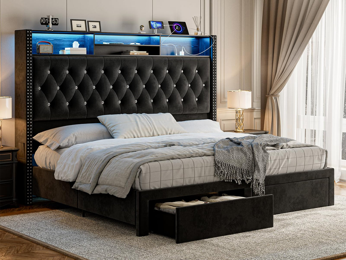CIKUNASI Upholstered King Size Bed with Headboard and Storage, 60" Tall with 2 Drawers, Tufted Wingback Bed LED Light, Charging Station, No Box Spring Needed CIKUNASI