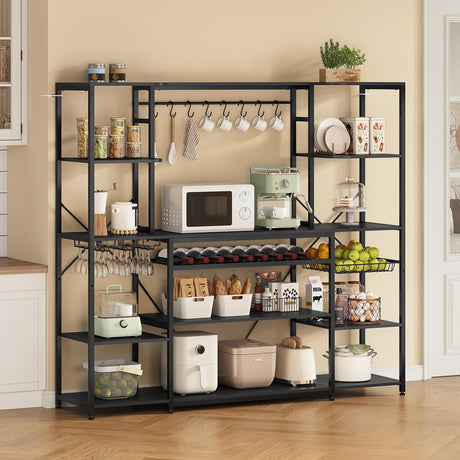 UPOSOJA Large Bakers Rack with Power Outlet, 62.4in Wide Kitchen Microwave Stand with Storage Shelves, 5-Tier Coffee Bar, Wine Rack, Goblet Holder, 8 Hooks, Wire Basket(Black, Large) UPOSOJA