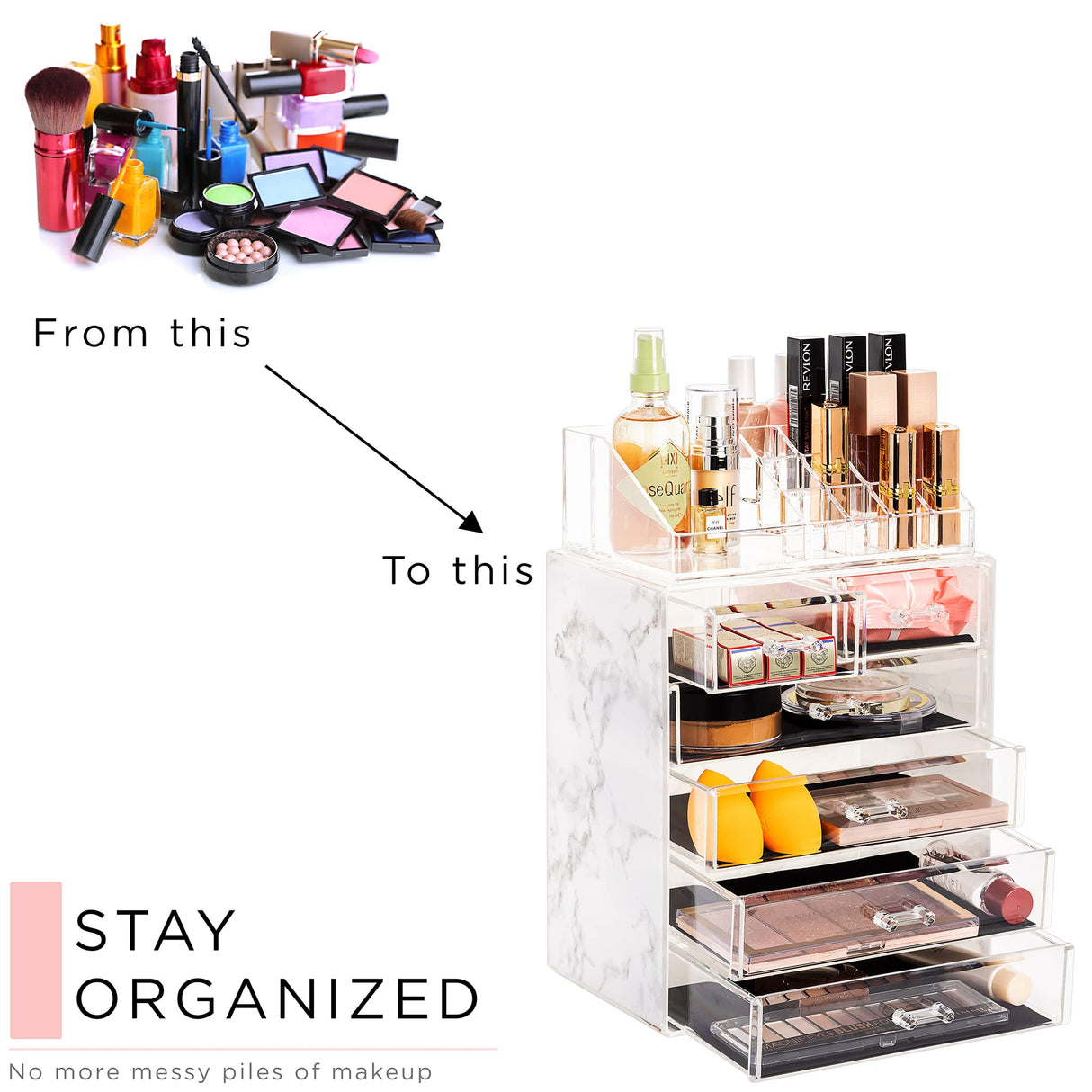 Sorbus Clear Cosmetic Makeup Organizer - Make Up & Jewelry Storage, Case & Display - Spacious Design - Great Holder for Dresser, Bathroom, Vanity & Countertop (4 Large, 2 Small Drawers - Marble Print) Sorbus