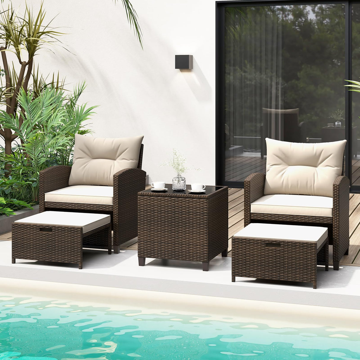 Tangkula 5 Piece Patio Rattan Furniture, Wicker Cushioned Chairs Set w/ 2 Ottomans & Tempered Glass Coffee Table, for Poolside, Backyard, Lawn, Deck (Mix Brown+Off White) Tangkula