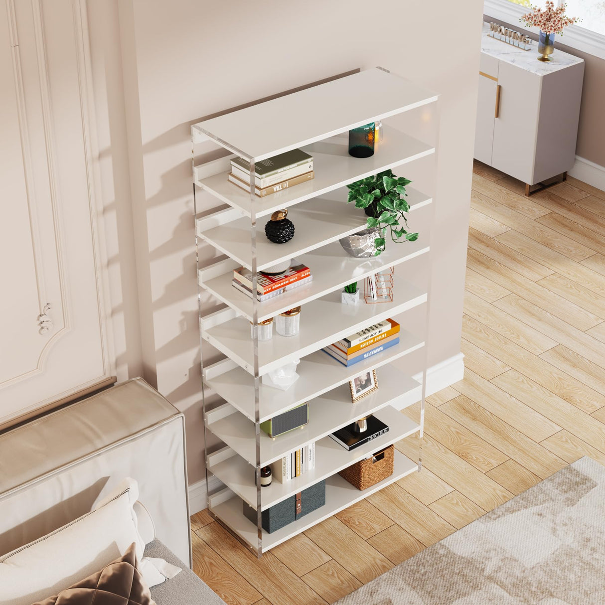 Tribesigns 8-Tier Modern Acrylic Bookshelf with Wood Shelves - 63" Clear Storage Rack for Living Room, Bedroom, and Home Office Tribesigns