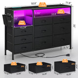 KUREEISE TV Stand Dresser with Charging Station& LED Lights, 9 Drawers Dresser with Open Storage Shelf & Side Pocket, 51" Media Console with PU Finish, for 32-60 Inch TVs, for Living Room, Hallway KUREEISE
