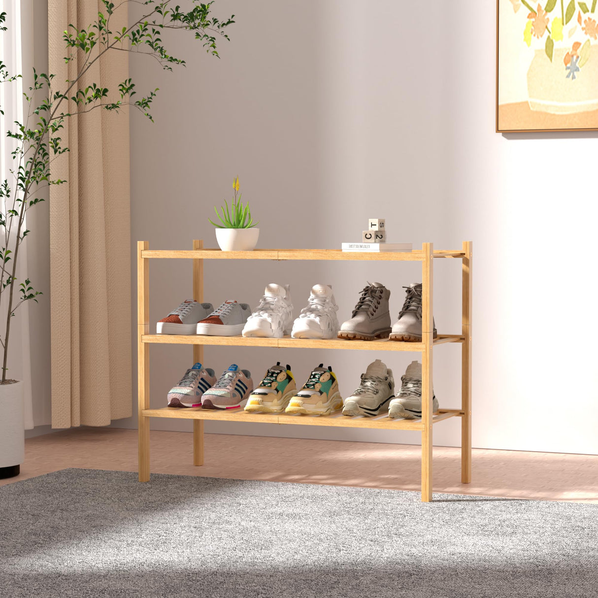 ROMGUAR CRAFT 3 Tier Bamboo Shoe Rack for Closet Free Standing Wood Shoe Shelf Storage Organizer for Entryway Small Space Stackable 27"x11"x20" (Natural) ROMGUAR CRAFT