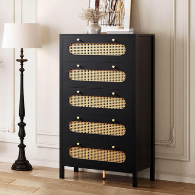 DWVO 47" Tall Natural Rattan Buffet Sideboard Cabinet 5 Drawer Boho Dresser Chest of Drawers with Golden Handles, Wood Dresser Storage Cabinet for Hallway, Entryway, Hold up to 300lbs, Black