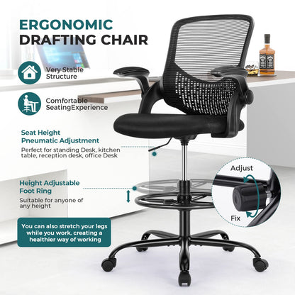 SMUG Drafting Chair Tall Office Chair for Standing Desk Adjustable Height Office Desk Chair with Adjustable Flip Up Armrests and Foot-Ring for Task, Working, Drafting, Studying, Dark Black