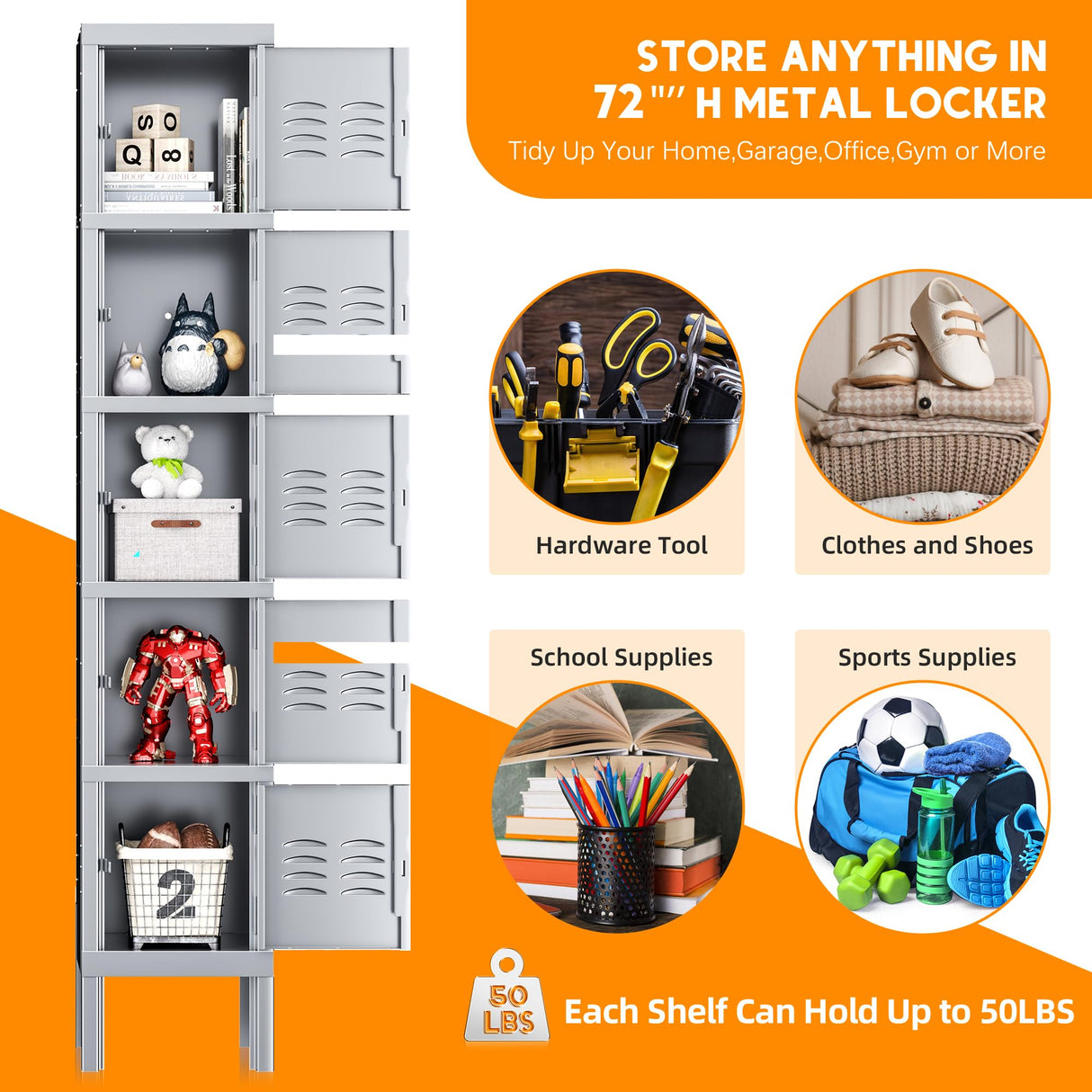 INTERGREAT Metal Lockers for Employees, 5 Door Storage Locker, Tall Steel Locker Cabinet for School, Office, Home, Gym, Kid Room, with Mirror (grey, 5-Tier) INTERGREAT