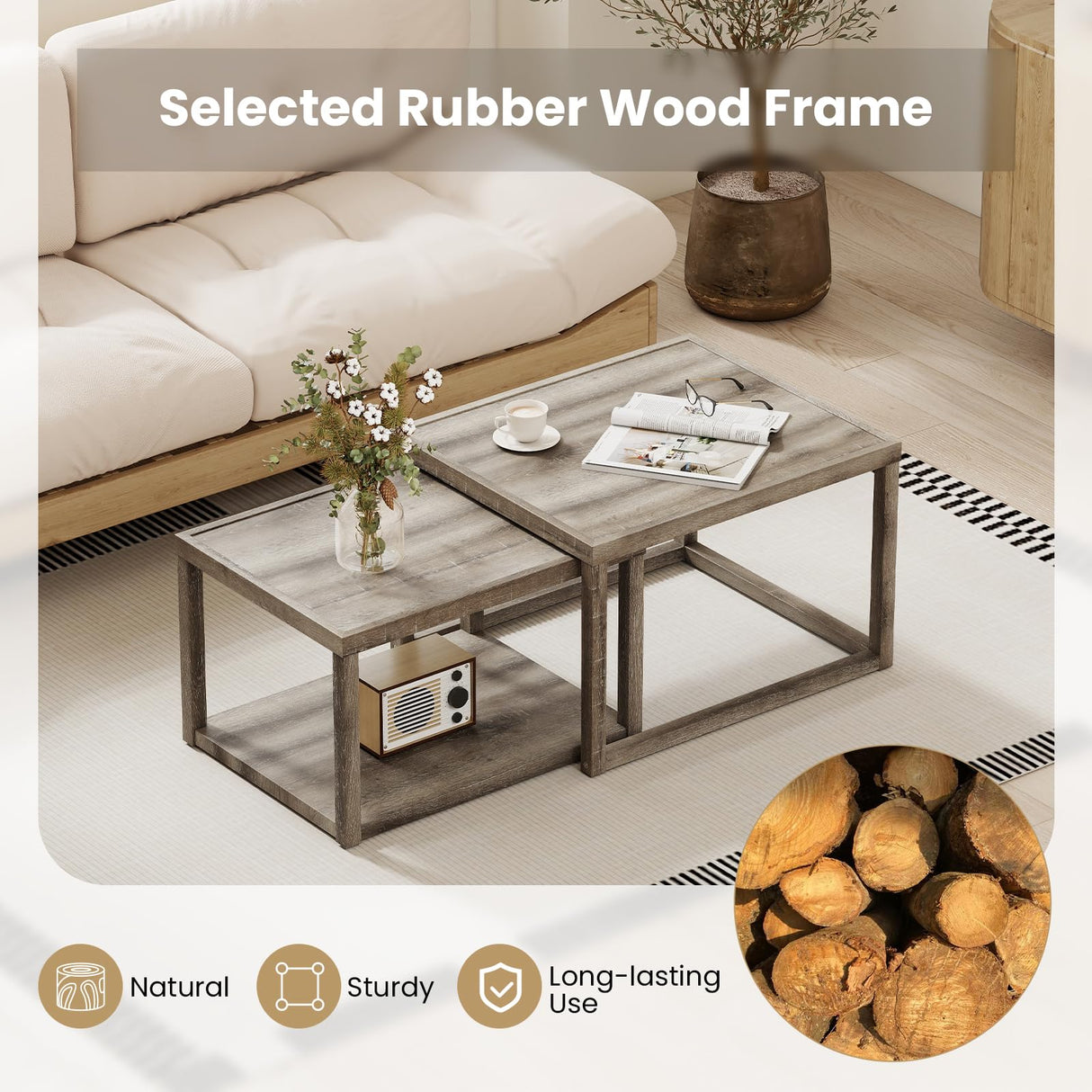 Giantex Nesting Coffee Table Set of 2, Stackable 2-Tier End Tables with Storage Shelf, Rubber Wood Frame, Farmhouse Nesting Tables for Living Room Bedroom Small Space, Grey Oak Giantex