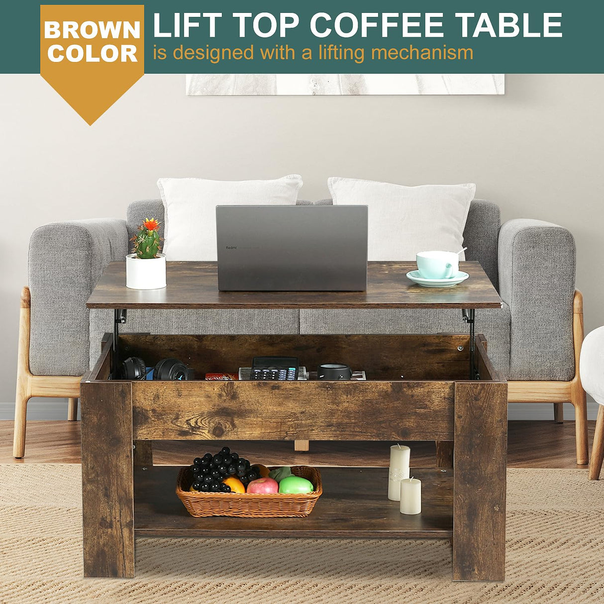 PayLessHere Coffee Table Lift Top Coffee Tables with Hidden Compartment and Storage Shelf Wooden Lift Tabletop Dining Table for Living Room Home (Brown, 39" D x 28" W x 24" H) PayLessHere