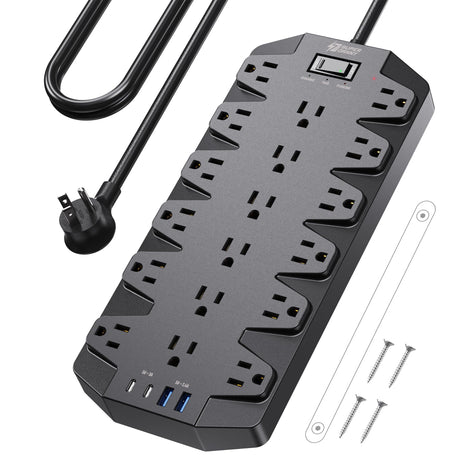 Surge Protector Power Strip, SUPERDANNY 18 AC Outlets with 4 USB Ports, 1875W/15A, 2100J, 6.5FT Flat Plug Heavy Duty Extension Cord with Wall Mount Holes for Home, Office, Gaming Room,Dorm, Black SUPERDANNY