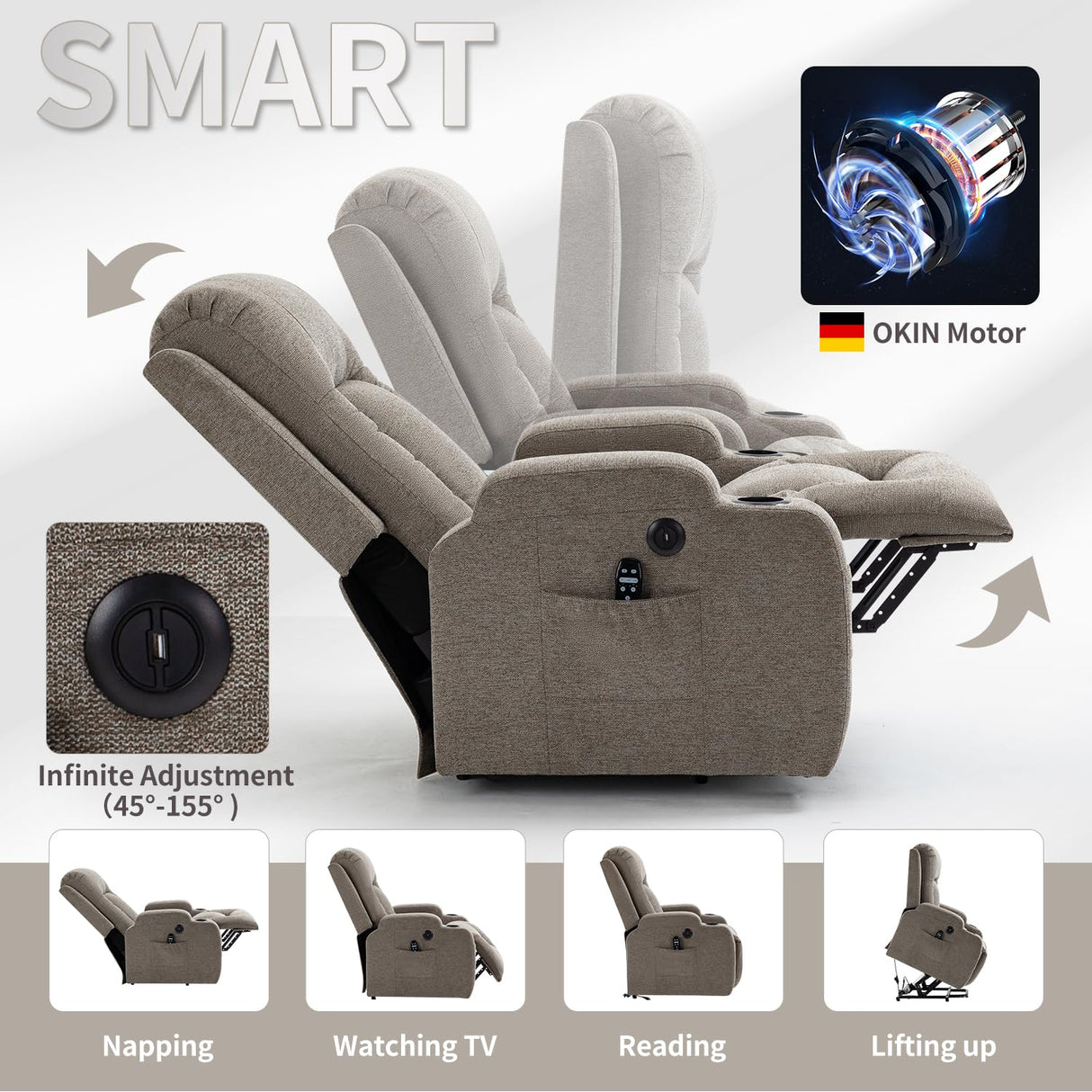 Trustyue Power Lift Recliner Chair with Heat and Massage for Elderly, Electric Recliner Chairs with Standing Assistance, 2 Cup Holders, 4 Pockets, USB Charge Port, Linen Fabric Khaki Trustyue