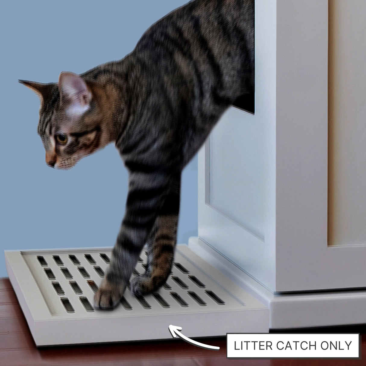 THE REFINED FELINE Litter Catch for The Refined Litter Box Enclosure Cabinet in Smoke Gray, Solid Wood with Slots to Catch Stray Litter As Cats Exit The Litter Box, Trap Door for Easy Emptying THE REFINED FELINE
