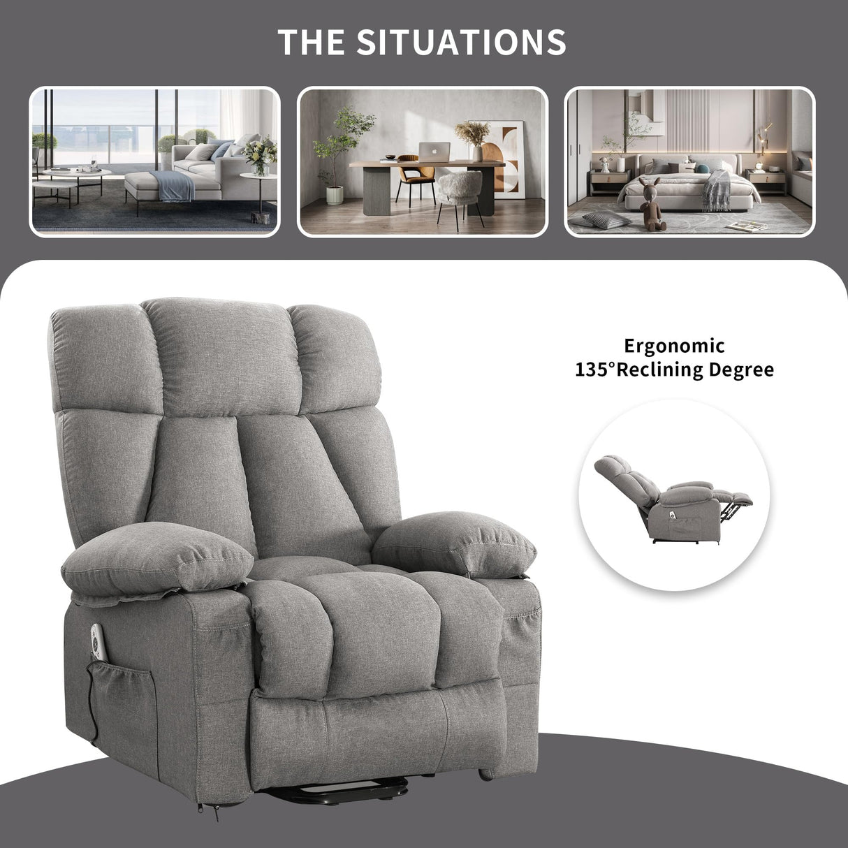 jonpony Power Lift Recliner Chair for Elderly, Lift Chair with Massage and Heat for Living Room, Fabric Electric Recliner Chairs with Side Pockets, USB Charge Port,Grey jonpony