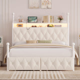 HIFIT Queen Size Upholstered LED Canopy Bed Frame with Storage and Charging Station, Button Tufted Storage Headboard with Bookshelf, Two-Use Metal Platform Bed with 4 Removable Post & 2 Drawers, Biege HIFIT