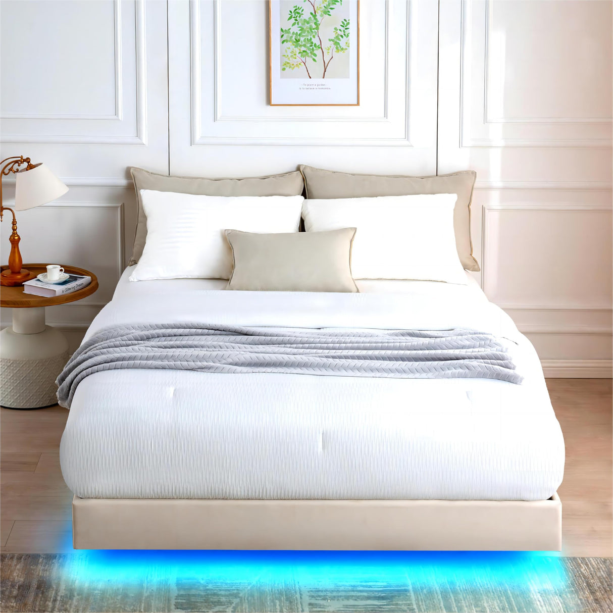 GAZHOME Modern Queen Bed Frame with Floating LED Lights, Upholstered Platform Design in Antique White GAZHOME