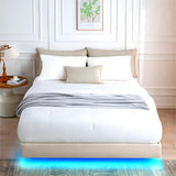 GAZHOME Modern Queen Bed Frame with Floating LED Lights, Upholstered Platform Design in Antique White GAZHOME