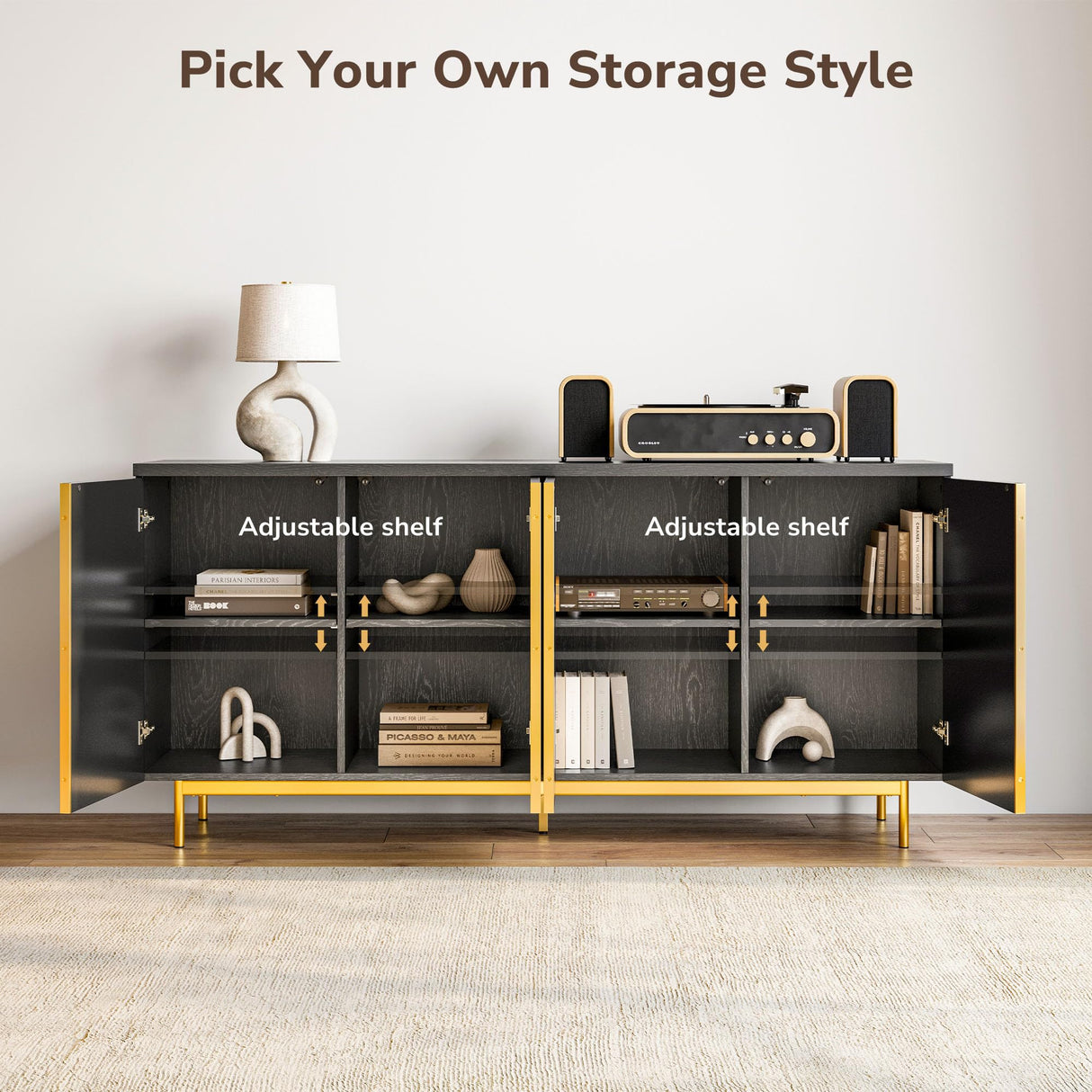 BELLEZE Sideboard Buffet Cabinet, 63" Storage Cabinet with Fluted Decorative Doors, Modern Console Table for Dinning Room, Kitchen & Living Room - Colemen (Ebony) BELLEZE