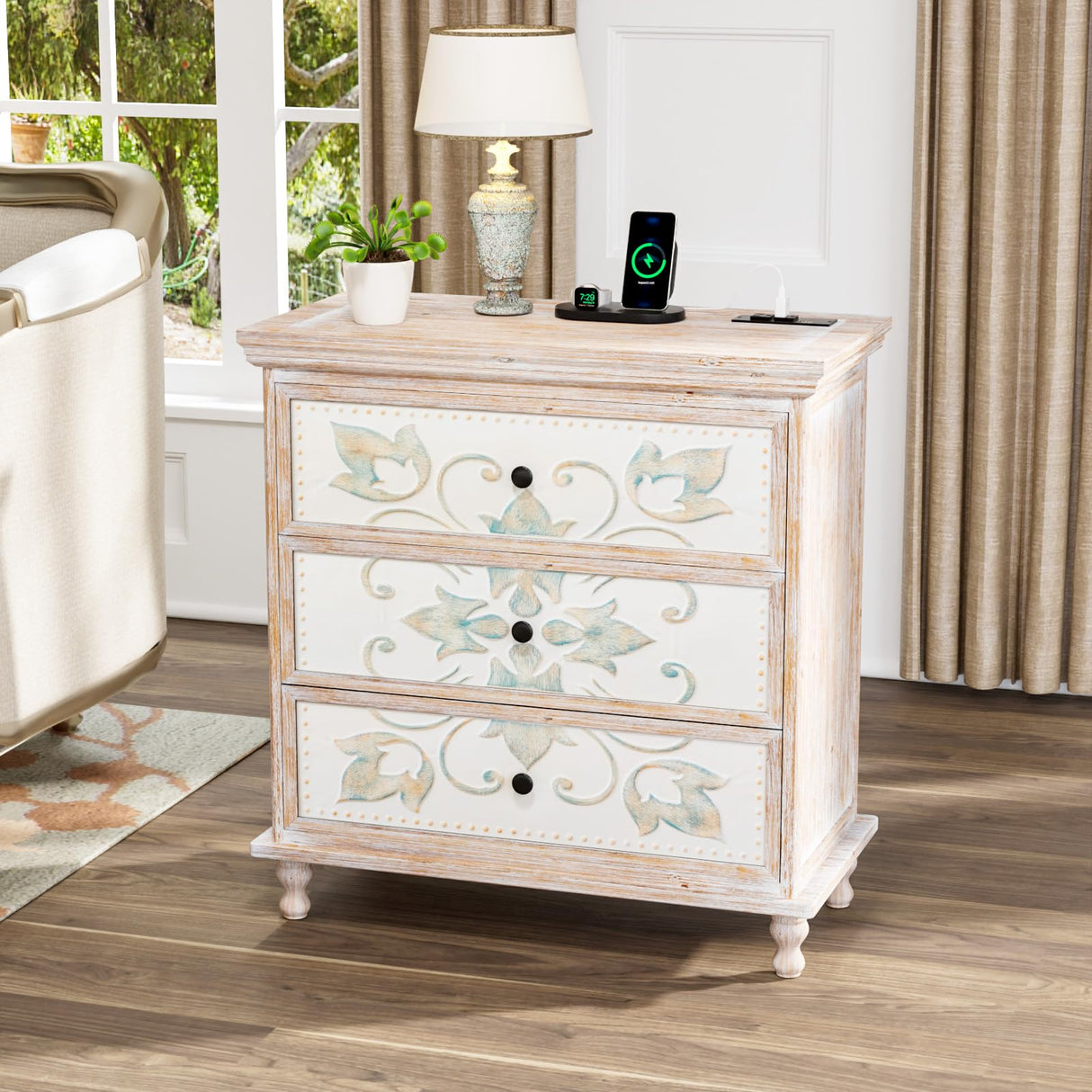 VINGLI Washed White Dresser with Charging Station, 3 Drawer Dresser Boho Wood Chest of Drawers, Wooden Dressers with Drawers and Solid Wood Legs VINGLI