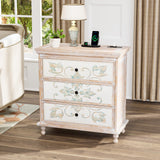 VINGLI Washed White Dresser with Charging Station, 3 Drawer Dresser Boho Wood Chest of Drawers, Wooden Dressers with Drawers and Solid Wood Legs VINGLI