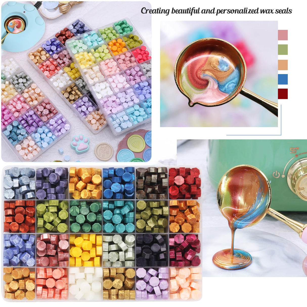 Wax Seal Stamp Kit with 24 Colors Wax Seal Beads 600pcs, WASOHLING 2PCS Love Heart Wax Seal Stamps with Electric Sealing Wax Warmer Set, Envelopes and Wax Seal Metallic Pen for Letter Sealing WASOHLING
