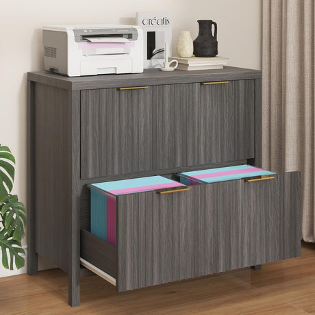 2 Drawer File Cabinet, Printer Stand Lateral Filing Cabinets for Hanging Letter/A4/Legal Size Files Fluted Wood Storage Cabinet for Home Office and School Halitaa