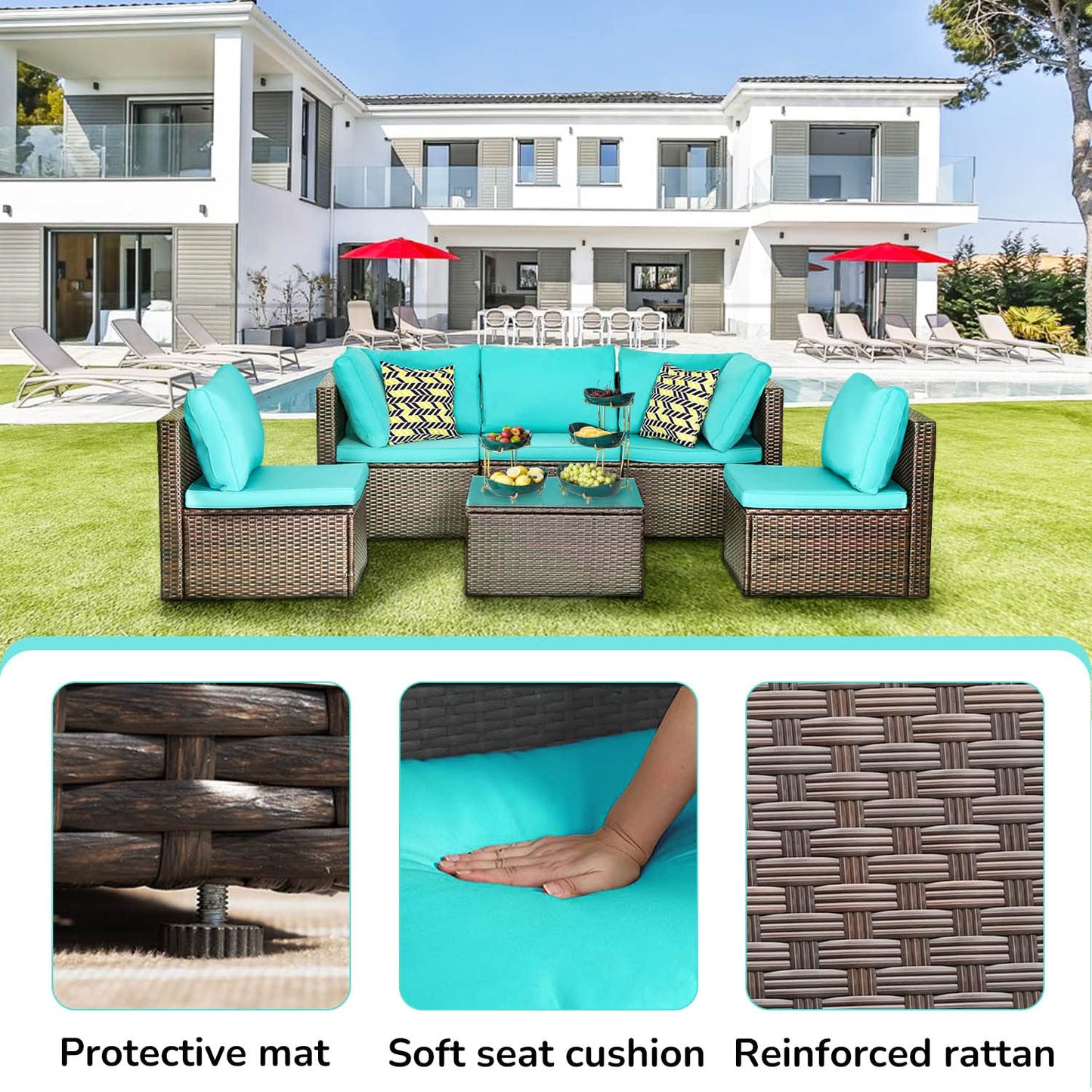 Outdoor Furniture Patio Sets 6 Pieces Wicker Conversation Set Sectional Sofa Garden Furniture All-Weather Tea Table&Washable Couch Cushions&Upgrade Brown Rattan,Blue Cushion