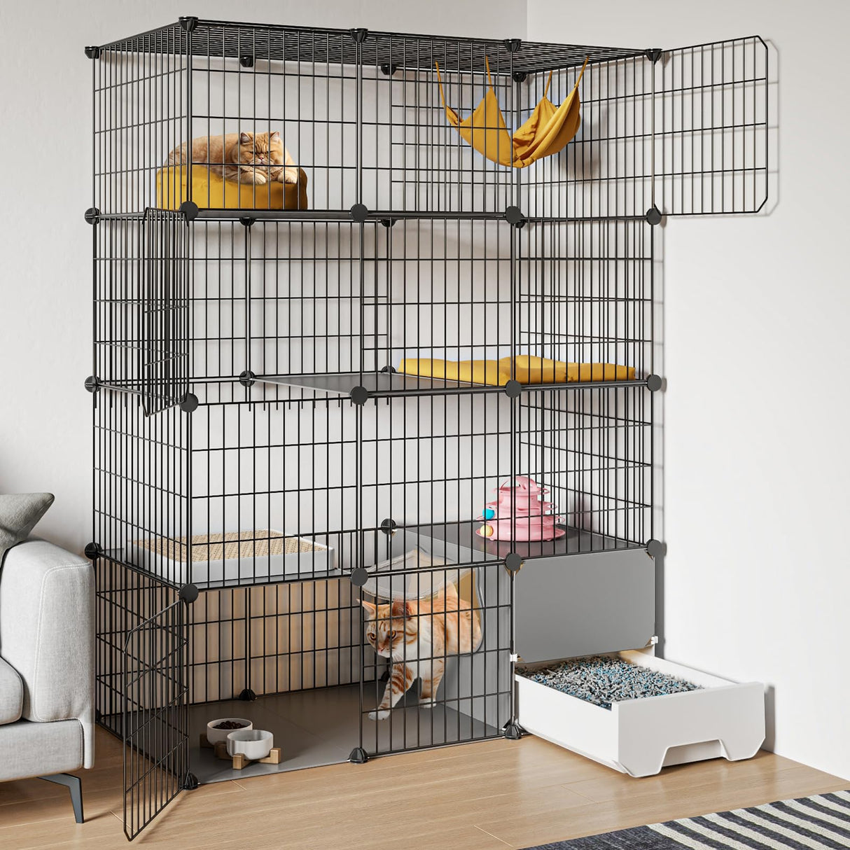 Oneluck Cat Cage with Litter Box,4-Tier DIY Cat Enclosures Large Playpen Detachable Metal Wire Kennel Indoor Crate Large Exercise Place Ideal for 1-2 Cat,41.3" L x 17.8" W x 55.1" H Oneluck