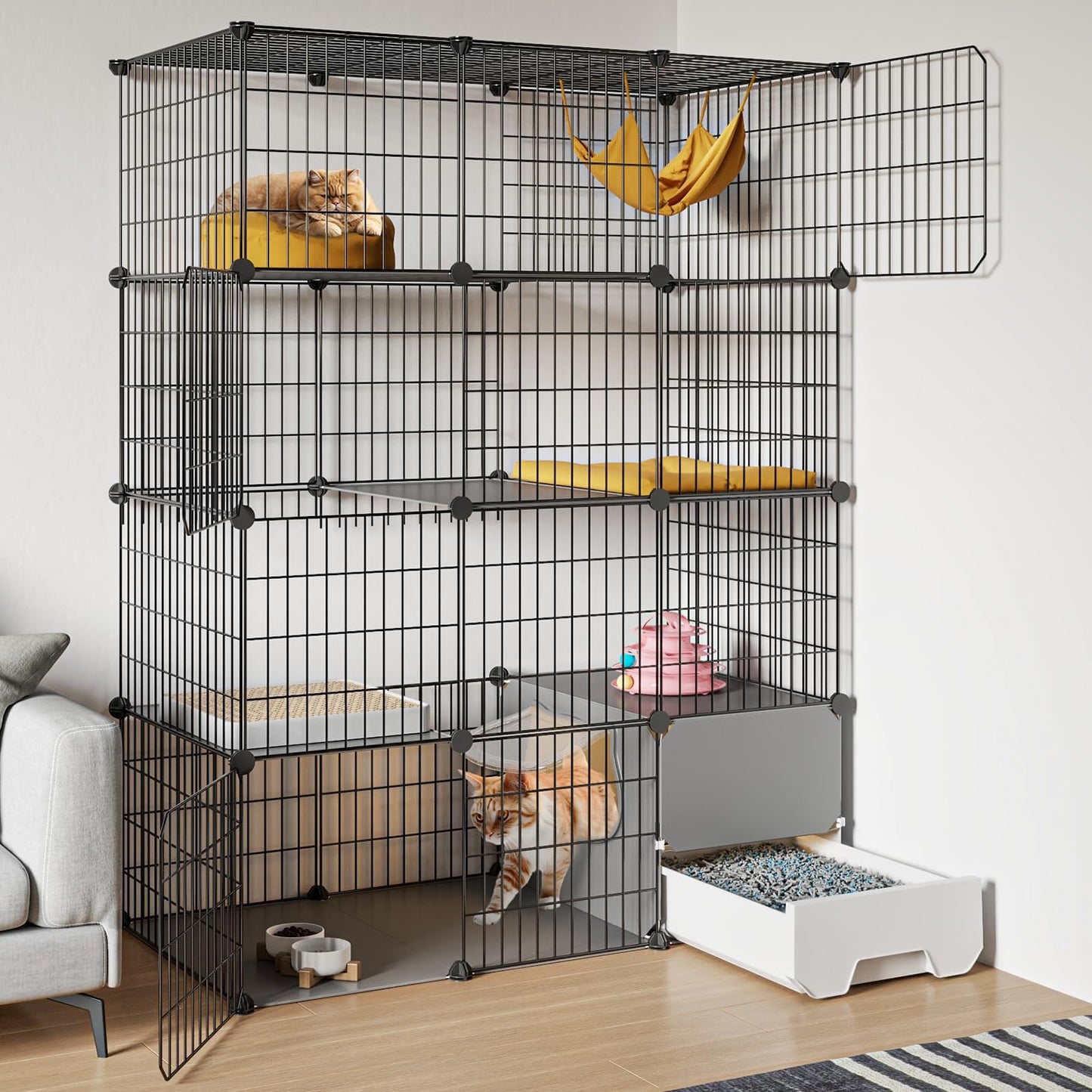 Oneluck Cat Cage with Litter Box,4-Tier DIY Cat Enclosures Large Playpen Detachable Metal Wire Kennel Indoor Crate Large Exercise Place Ideal for 1-2 Cat,41.3" L x 17.8" W x 55.1" H