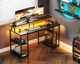 ODK 48 inch Gaming Desk with LED Lights & Power Outlets, Computer Desk with Monitor Stand & Storage Sheves, CPU Stand, Home Office Desk, Black ODK