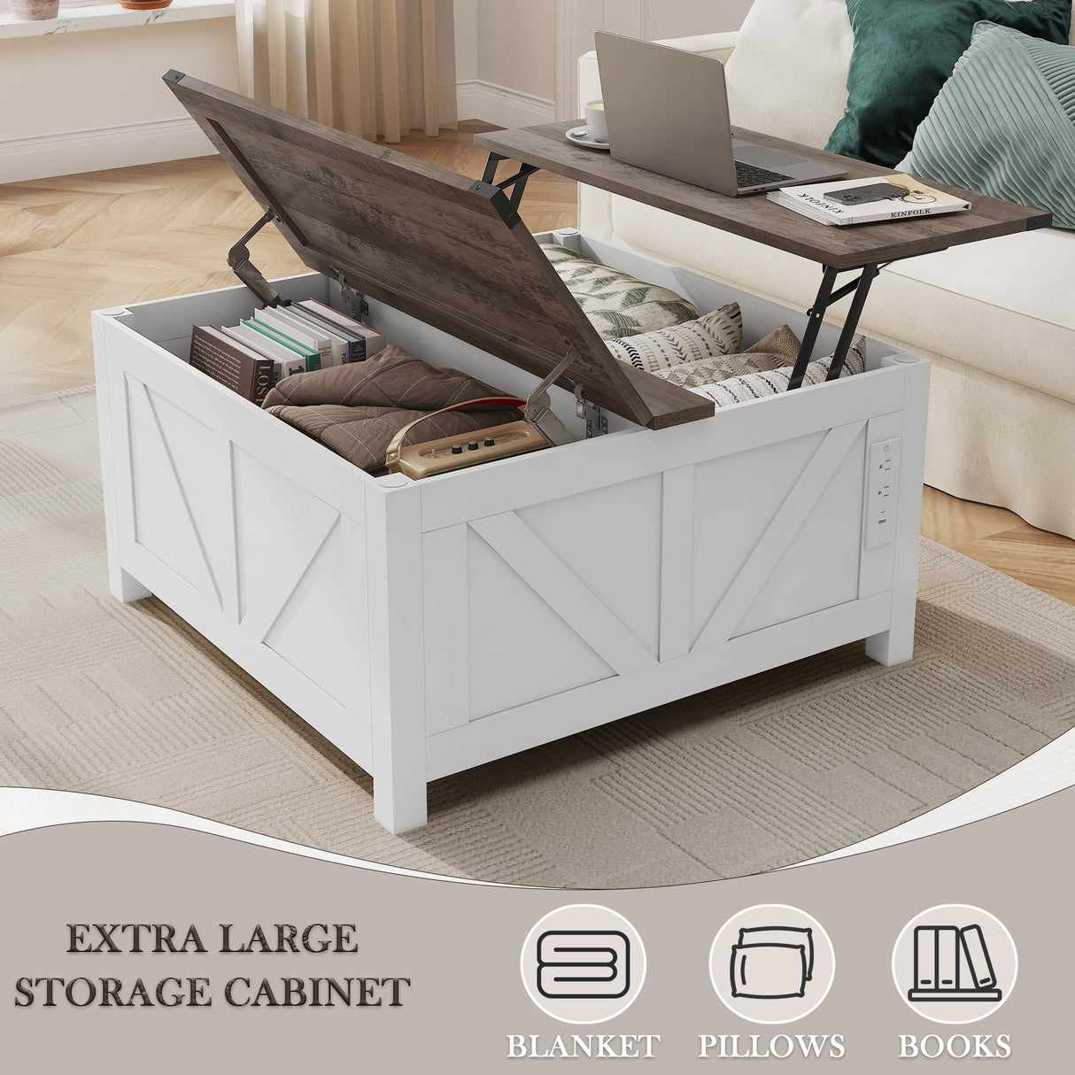 NEWBULAND 35" Lift Top Coffee Table with Storage, Wooden Coffee Tables for Living Room, Farmhouse Coffee Table with Large Hidden Storage Compartment, White and Grey NEWBULAND