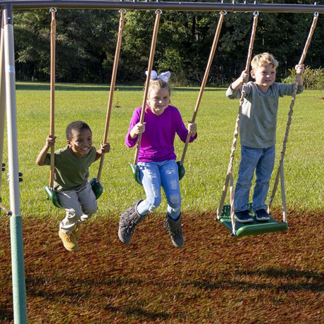 XDP Recreation Crestview Outdoor Play Kids Metal Backyard Playset Swing Set with 2 Swings, Slide, Stand N Swing, Fun Glider, and See Saw, Green/Tan XDP RECREATION