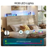 LINSY Full Size Bed Frame Wood with RGB Lights, Outlets, Charger, Farmhouse Wood Bed Frame Full with Ergonomic Headboard, Storage Shelf, Noise-Free, No Box Spring Needed - Beige LINSY