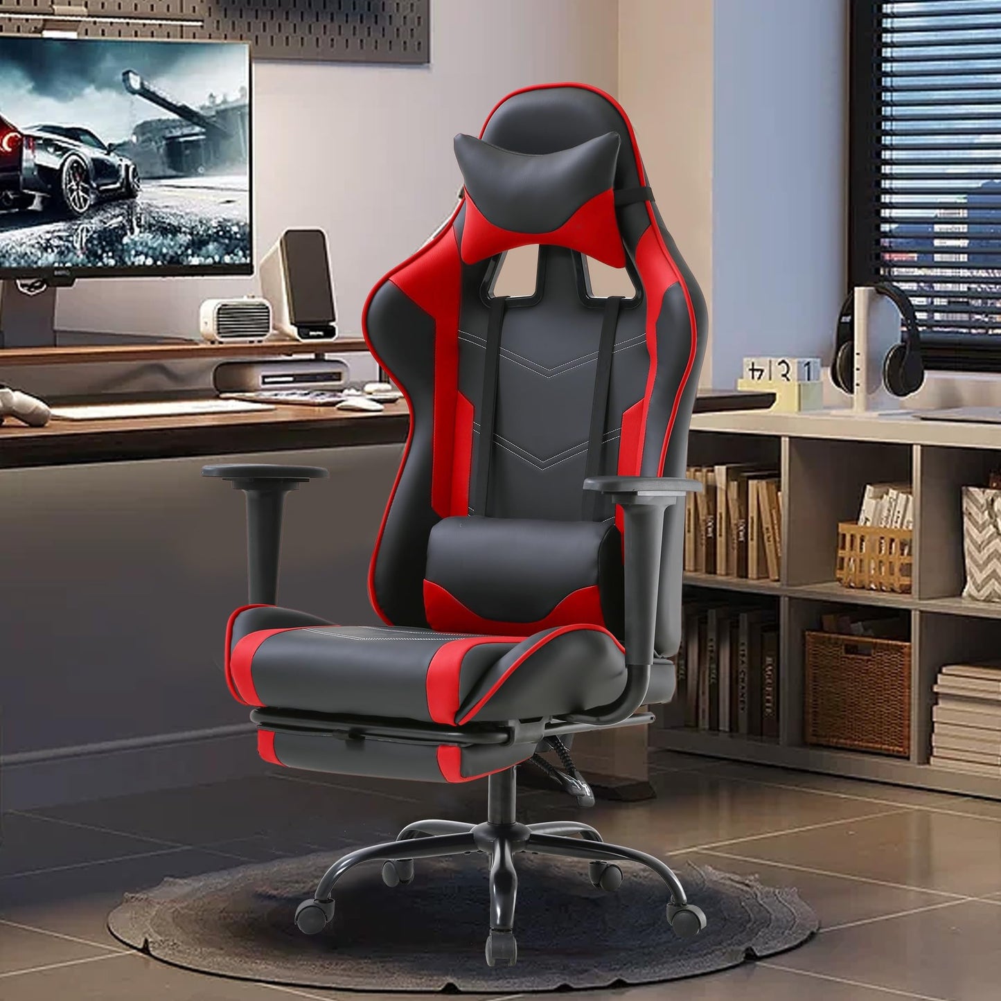 Gaming Chair, High Back PU Leather Gaming Chairs Computer Chair with Headrest & Lumbar Support, Height Adjustable Wide Seat Gamer Chair Gaming Chairs for Adults, Game Chair with Footrest & Armrest