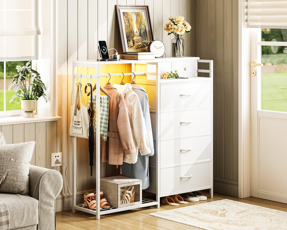 KKL 43" W White Dresser for Bedroom with Hanging Rack, Reversible 6 Drawers Dresser with Led Lights & Charging Station, Fabric Closet Dressers & Chest of Drawers with Clothes Rack for Girls, Kids KKL