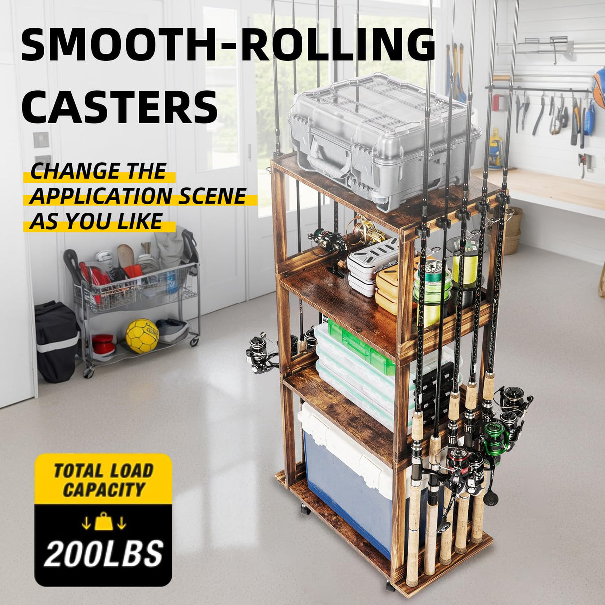 Ghosthorn Fishing Rod Holders for Garage Holds up 10 Rods Wood Pole Rod Rack Tackle Storage Gear and Equipment Fishing Gifts for Men Women (fishing rod holders 4.0) Ghosthorn