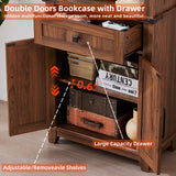 Joaxswe 72in Tall Bookshelf 7 Tier Bookcase with Drawer and Barn Doors and Adjustable Shelves, Brown Farmhouse Book Shelf with Storage Cabinet, Wood Freestanding Display Bookshelves for Kitchen Joaxswe