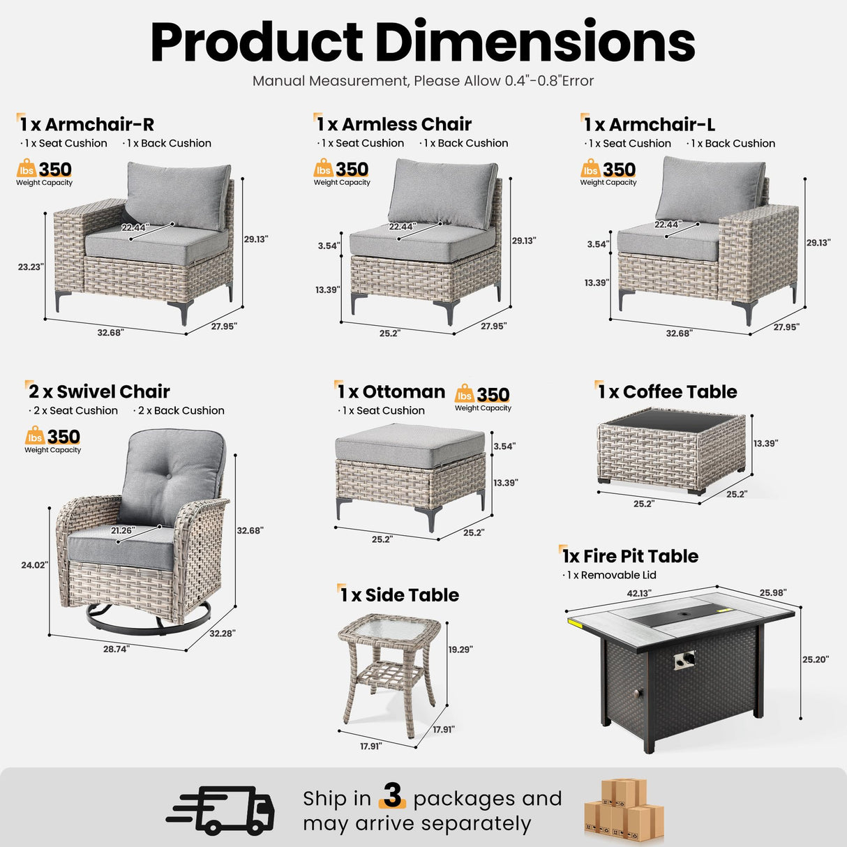 ovios 9 Pieces Patio Furniture Set Outdoor Sectional Sofa Couch with Fire Pit Table Rocking Swivel Chairs Deep Seat Chaise, Modern Modular Wicker Rattan Conversation Set, Dark Grey ovios
