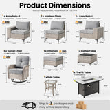 ovios 9 Pieces Patio Furniture Set Outdoor Sectional Sofa Couch with Fire Pit Table Rocking Swivel Chairs Deep Seat Chaise, Modern Modular Wicker Rattan Conversation Set, Dark Grey ovios