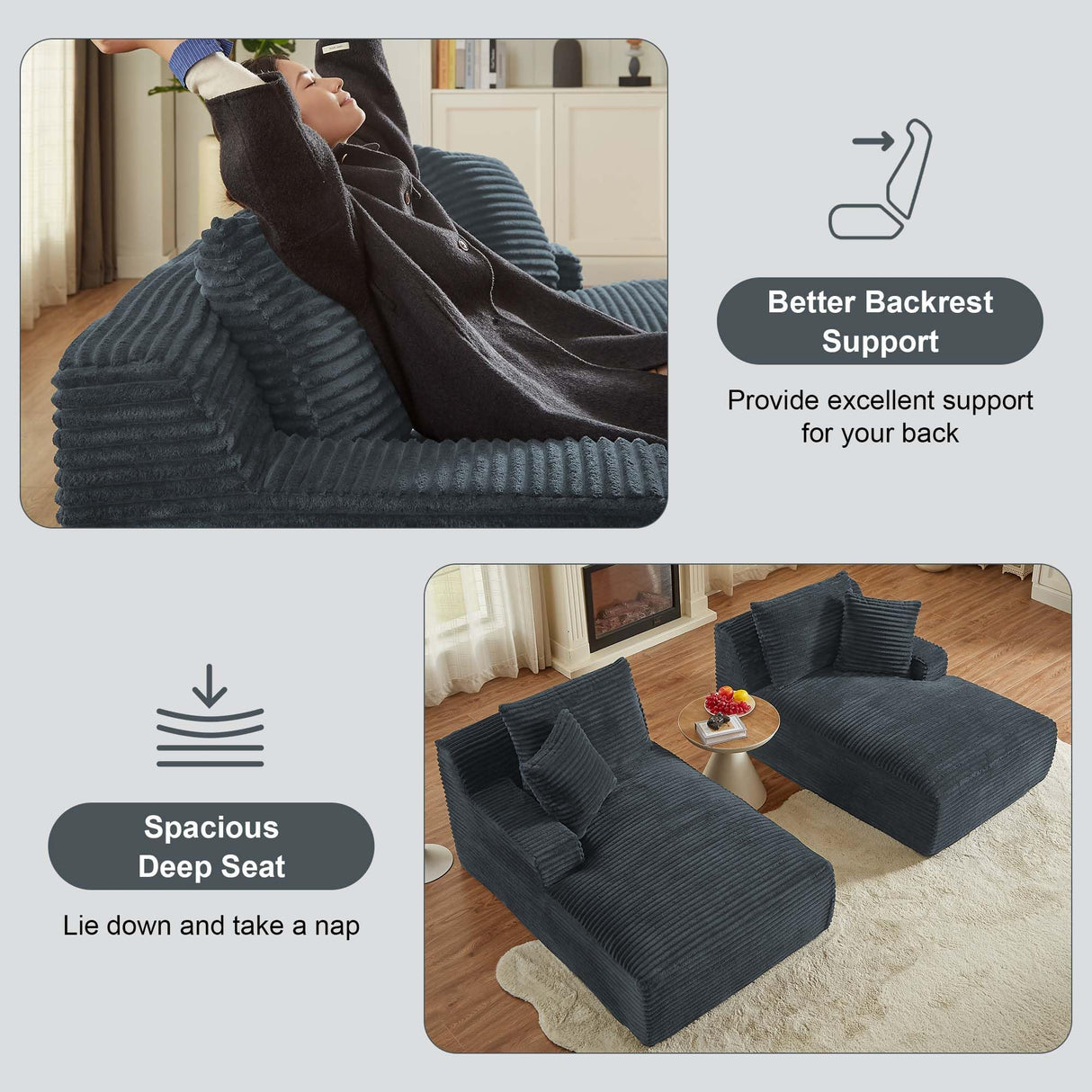 Tmsan 78.8" Oversized Boneless Double Chaise Lounge Sofa Indoor, Modern Compressed Corduroy Upholstered Sectional Cloud Couch Loveseat Sleeper Bed, Comfy Floor Chair for Living Room Apartment Office Tmsan
