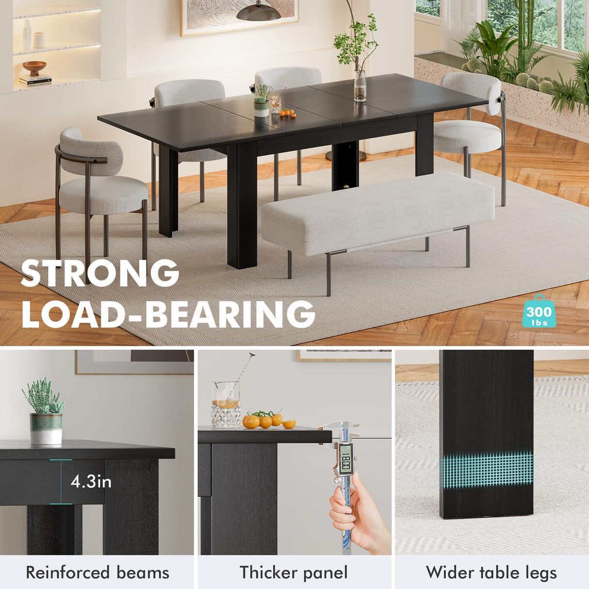 PatioPerk Extendable Dining Room Table for 6-10 Person, Plank and Beam Farmhouse Large Rectangular Kitchen Tables for Living Meeting Room (Black) PatioPerk