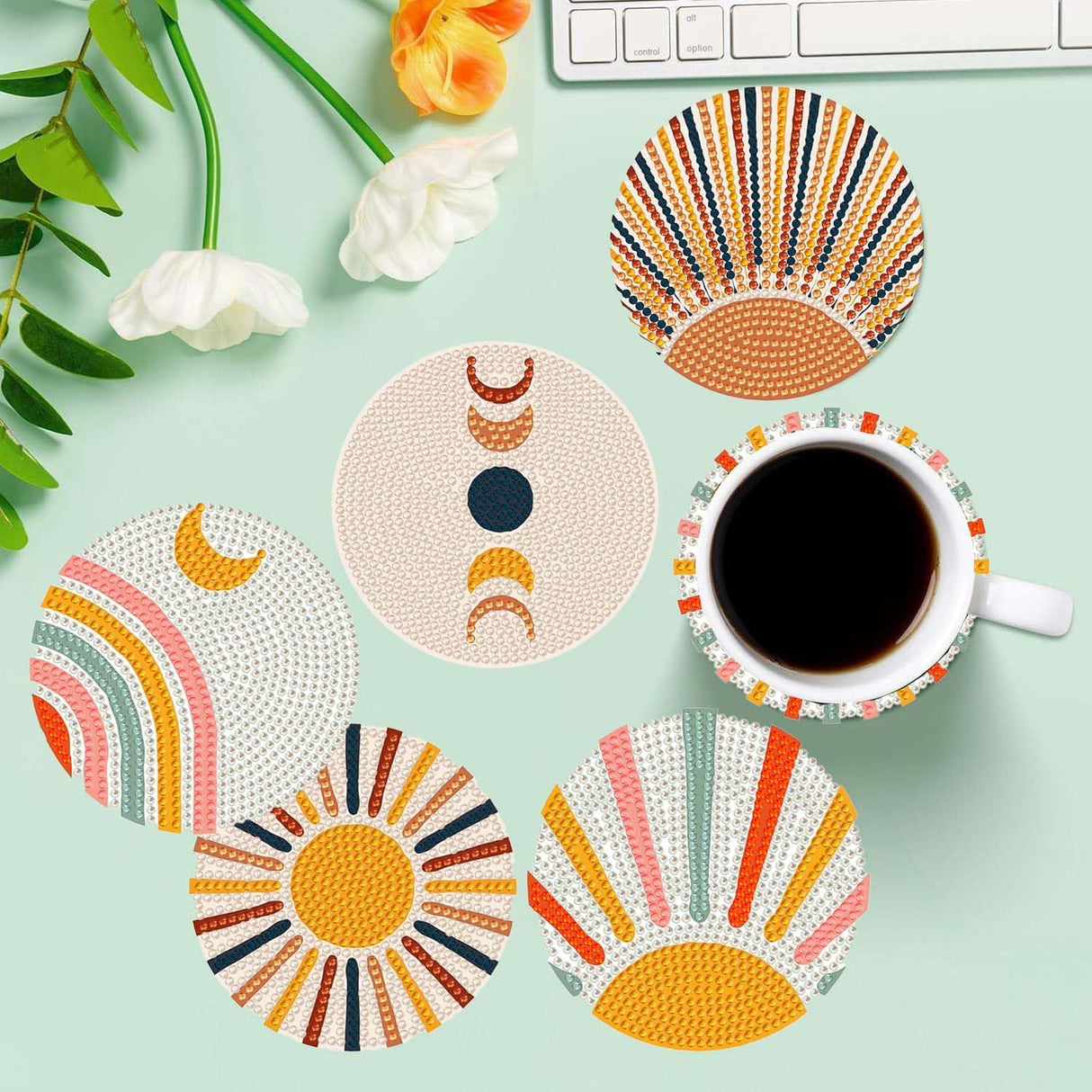 5D DIY Boho Minimalist Sun Moon Diamond Paintings Coasters with Holder for Adults Beginners, 6 pcs Round Full Drill Diamond Art Craft Supplies (Sun Moon QLBD-16) Generic