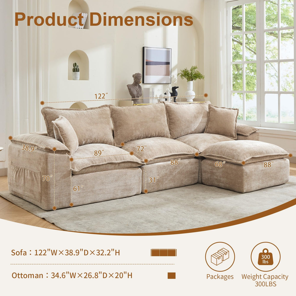 Korser 122" Sectional Couches for Living Room, Modular Boneless Couch with Deep Seat & Fluffy Cushion, Cozy Double-Layer Cushioned Sofa with Convertible Ottoman, Comfy Cloud Sofa, No Assembly Required Korser