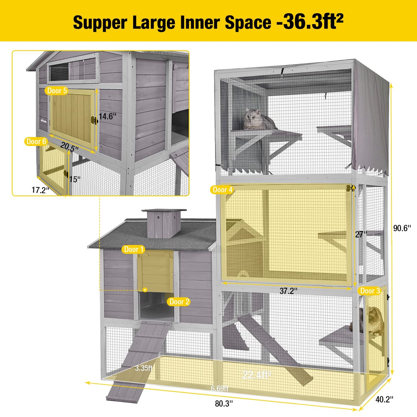 Aivituvin Deformation Cat Catio Outdoor Cat Enclosure, Cat Run with Super Large Sleep House, Wooden Kitty Condo Cat House with Bridges, Walks -130 Inch