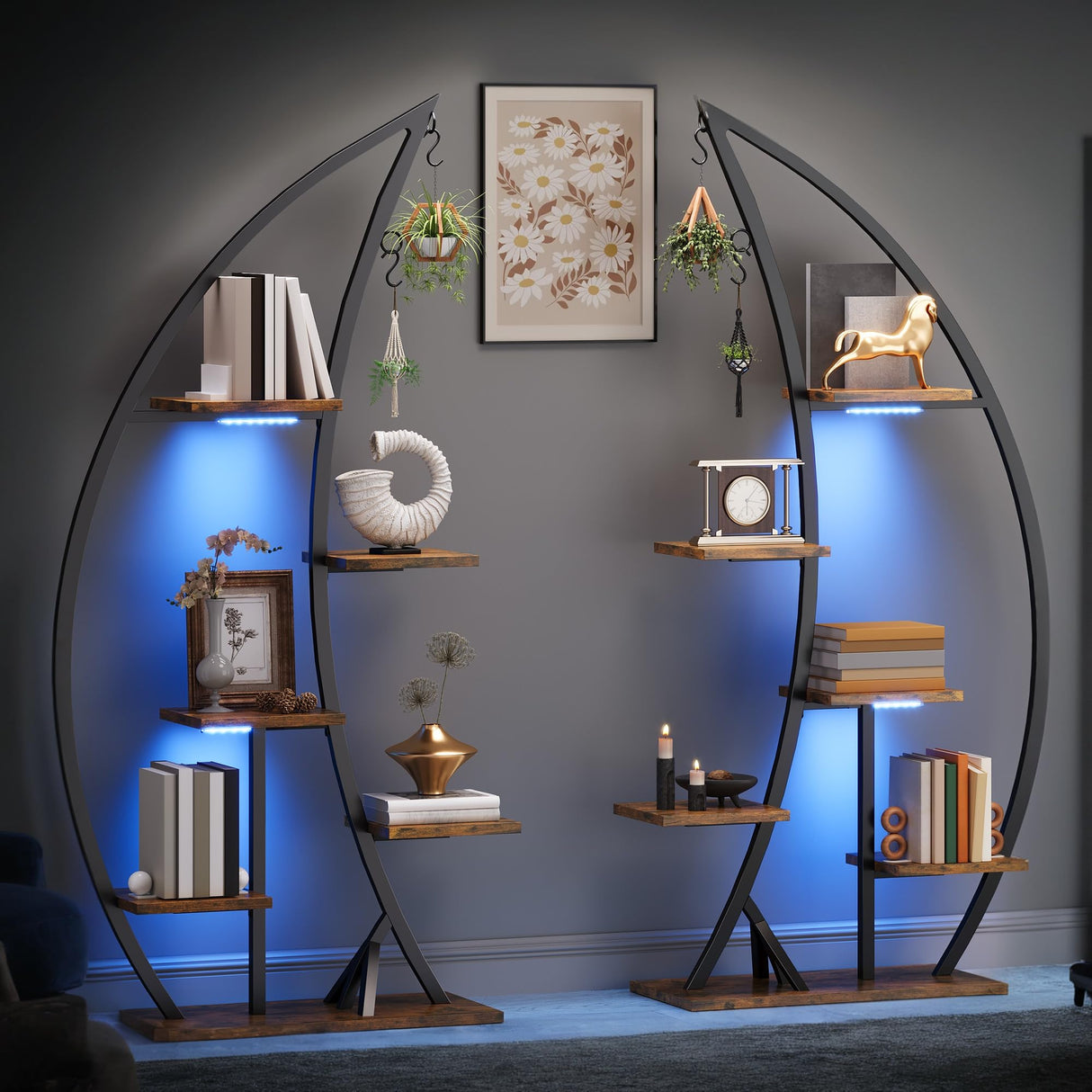 DWVO Tall Bookshelf with LED Light, Artistically Designed Crescent-Shaped Bookshelf with 10-Tier Shelves, Corner Bookcase Open Display Rack for Home Office, Bedroom DWVO